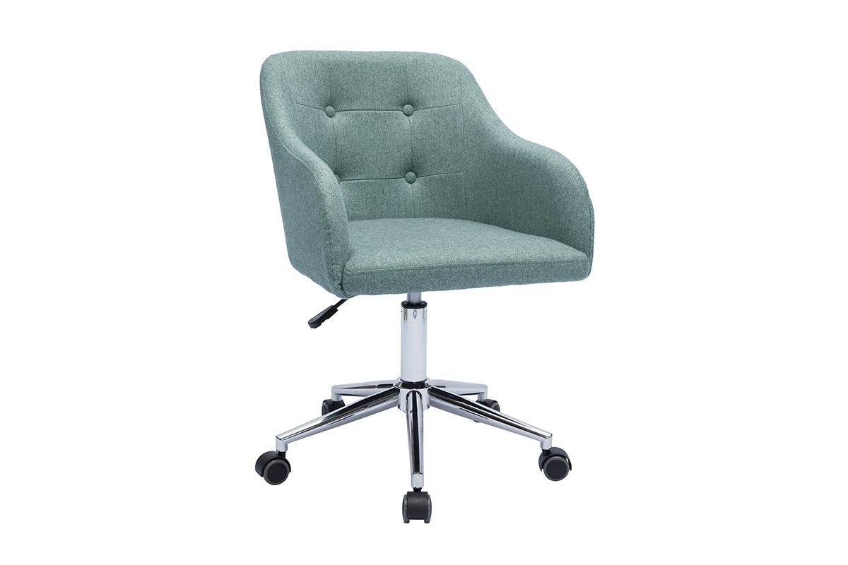 Chaise de bureau capitonne  roulettes en tissu effet velours textur vert de gris et mtal chrom BALTIK
