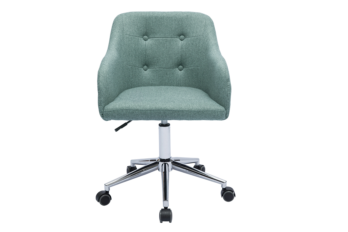 Chaise de bureau capitonne  roulettes en tissu effet velours textur vert de gris et mtal chrom BALTIK