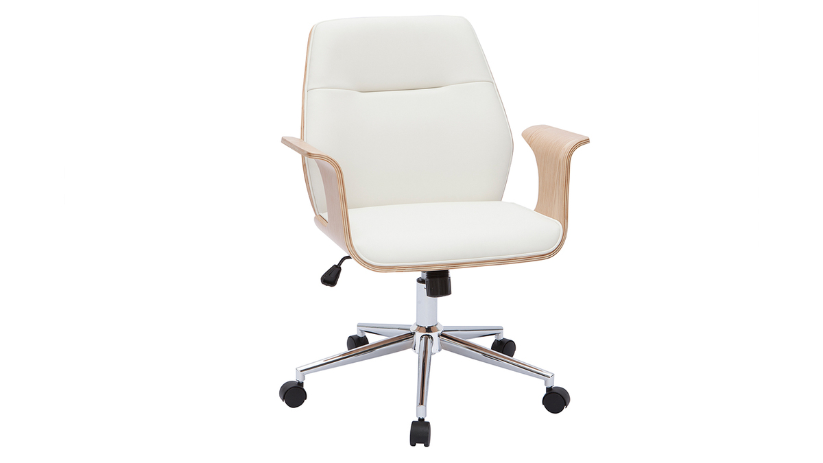 Chaise de bureau design blanc et bois clair RUFIN