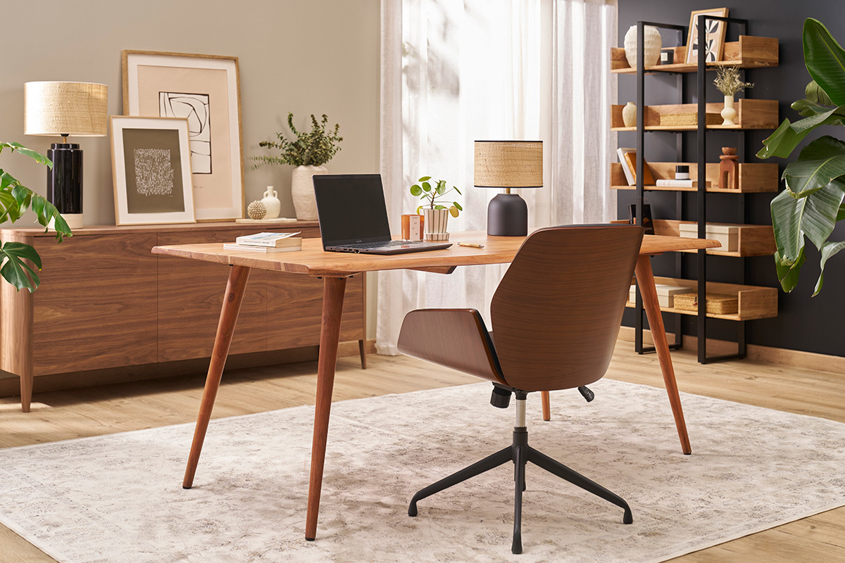Chaise De Bureau En Noyer Et Recouverte De Simili Cuir - Nordic S, Noir, H.100cm, L.69cm, P.47cm - Chaise de bureau