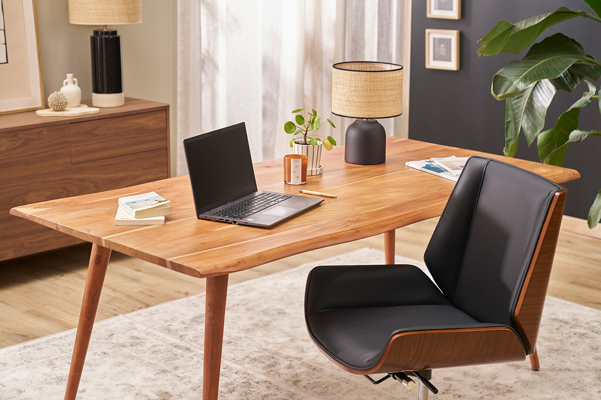 Chaise de bureau design pivotante 360 noir, bois fonc noyer et mtal noir CURVED