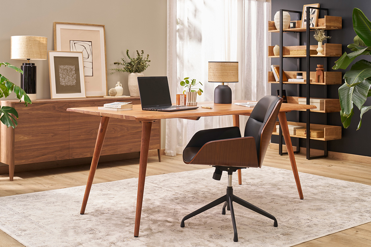 Chaise de bureau design pivotante 360 noire, bois fonc et mtal noir MARLOW