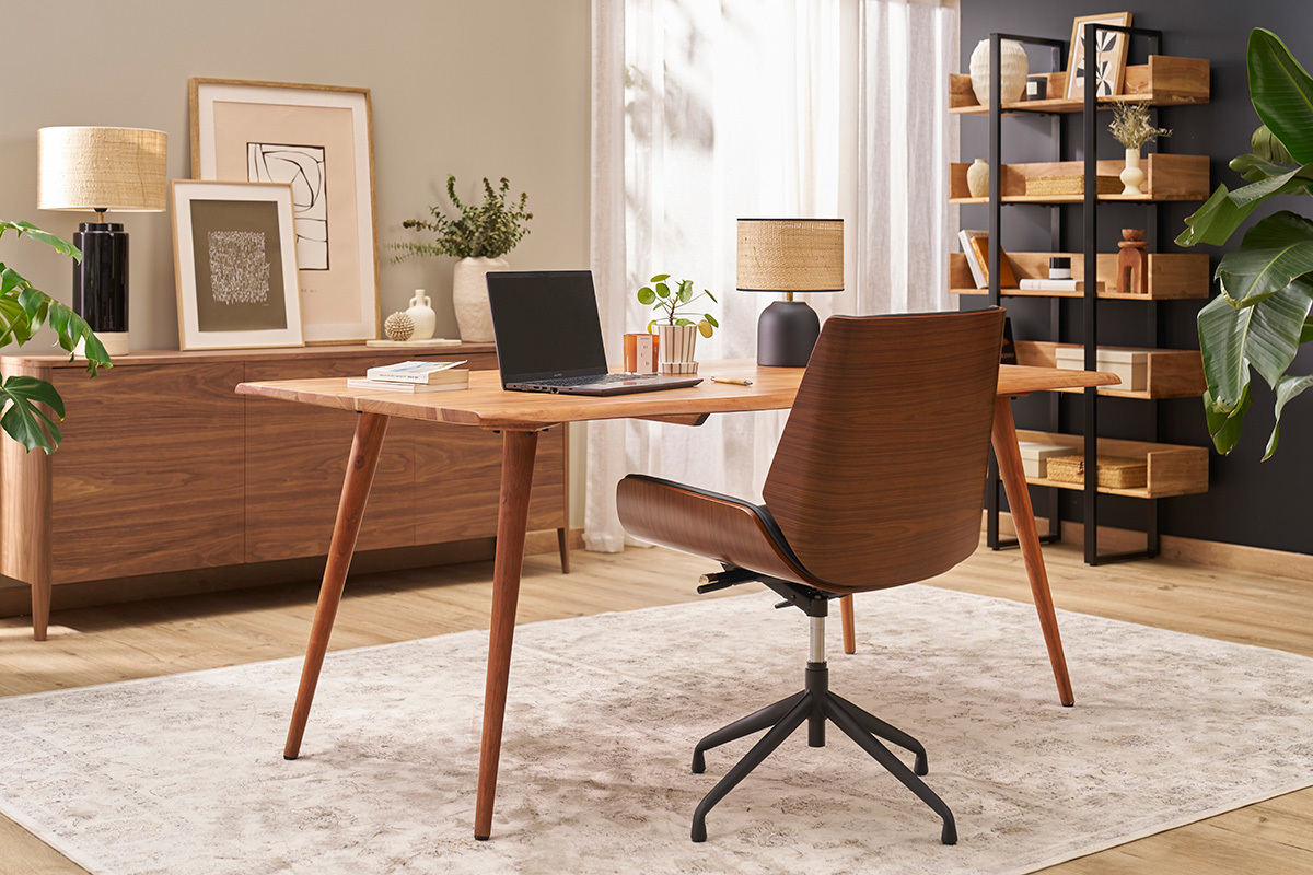 Chaise de bureau design pivotante 360 noire, bois fonc et mtal noir MARLOW