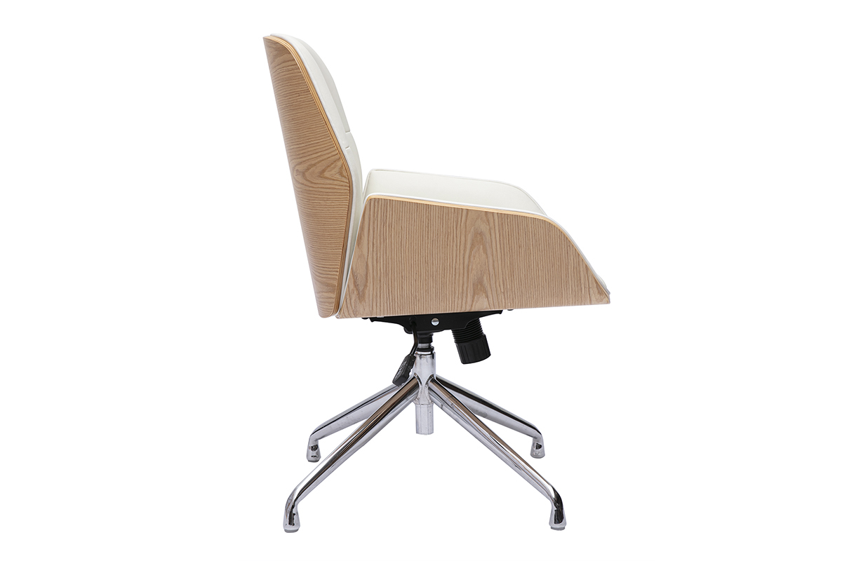 Chaise de bureau pivotante MARLOW vue de profil, bois clair et cuir blanc.