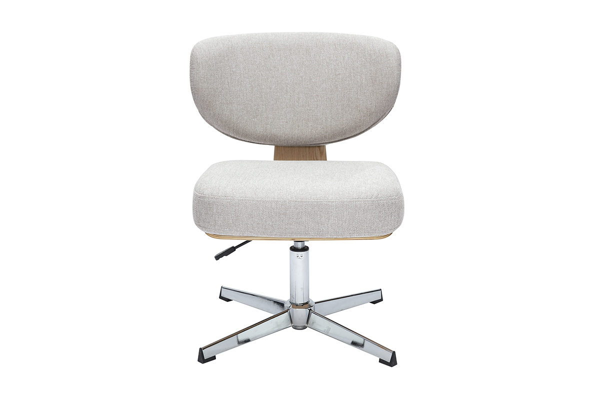 Chaise de bureau HANZ en tissu beige, bois chne et pitement toile mtallique, vue de face.