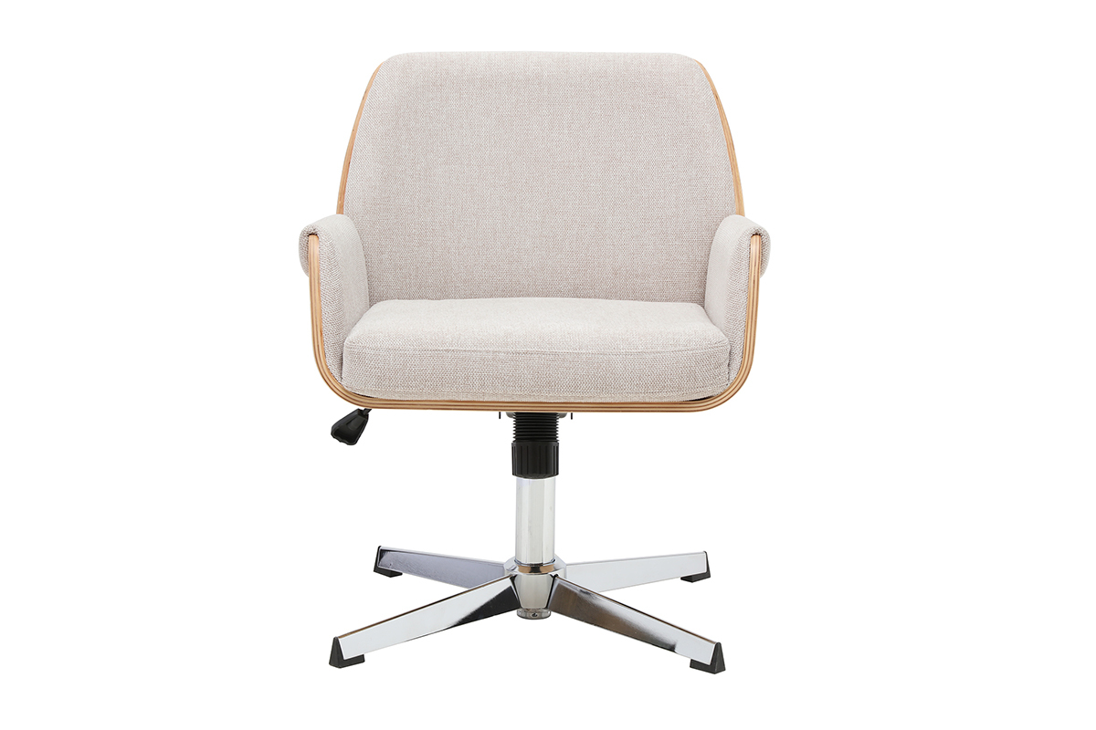Chaise de bureau RIKKI en tissu beige avec accoudoirs et pi�tement en bois et chrome, vue de face.