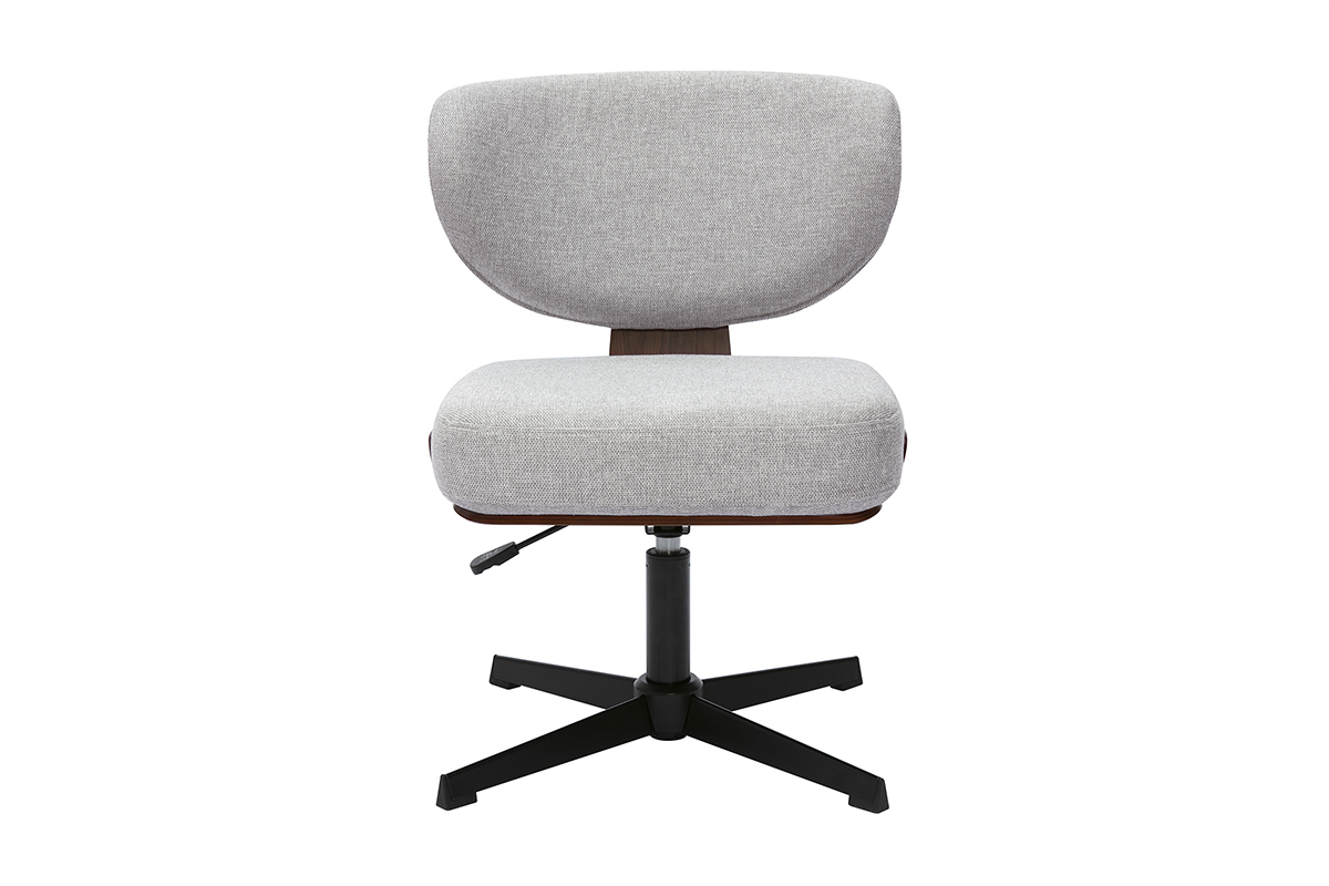Chaise de bureau grise en tissu velours, vue de face, avec pitement en toile noir.