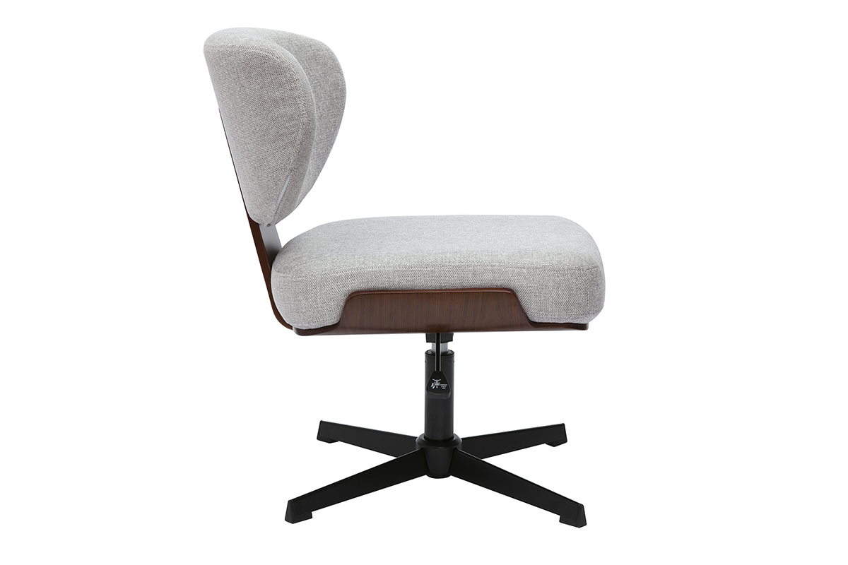 Chaise de bureau HANZ en tissu gris et bois noyer, vue de profil.