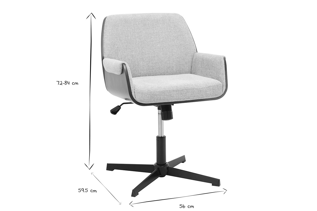 Dimensions de la chaise de bureau RIKKI en noir et blanc : hauteur 72-84 cm, largeur 56 cm, profondeur 59,5 cm.