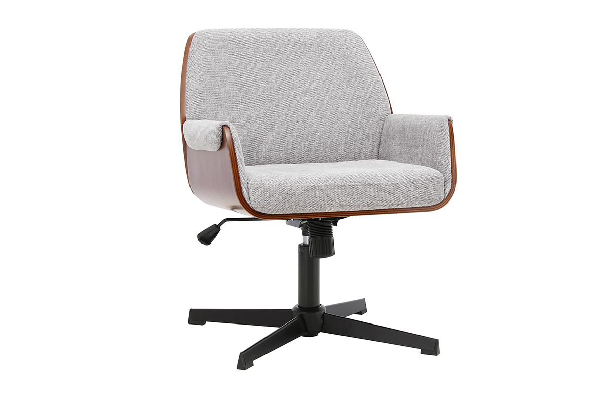 Chaise de bureau RIKKI en tissu effet velours textur� gris et bois fonc�, vue de 3/4.