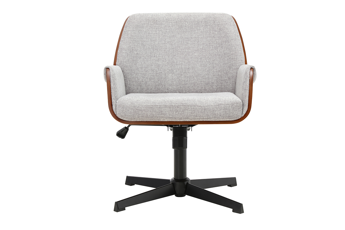 Chaise de bureau RIKKI en tissu gris avec accoudoirs et pi�tement noir, vue de face.