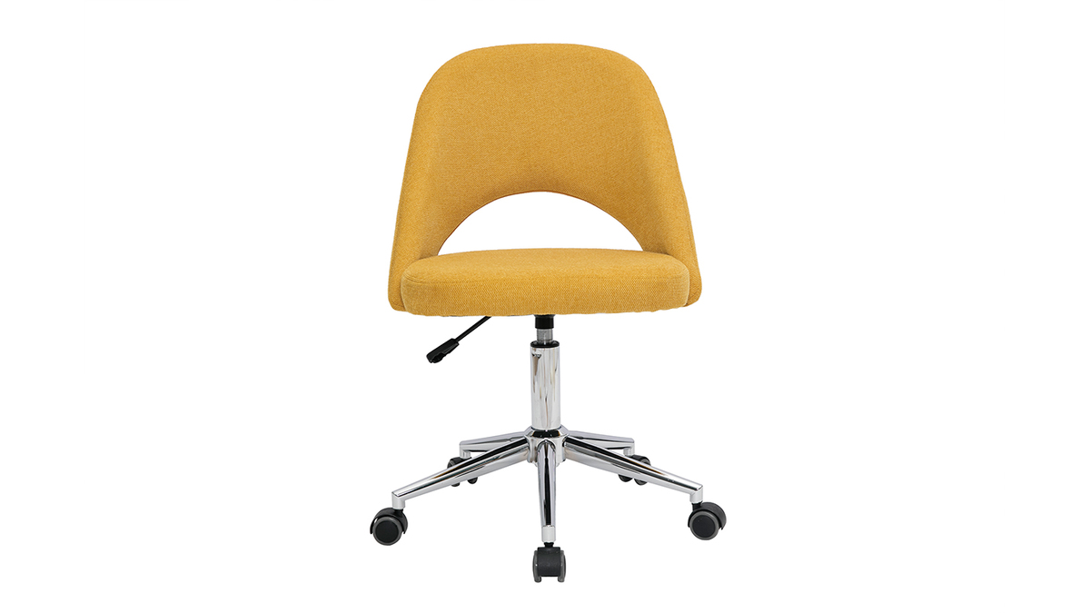 Chaise de bureau en tissu effet velours texturé jaune moutarde et pied chromé COSETTE