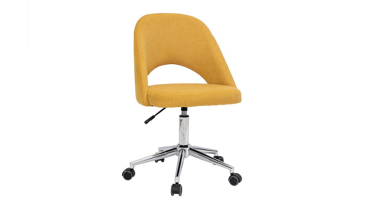 Chaise de bureau en tissu effet velours texturé jaune moutarde et pied chromé COSETTE