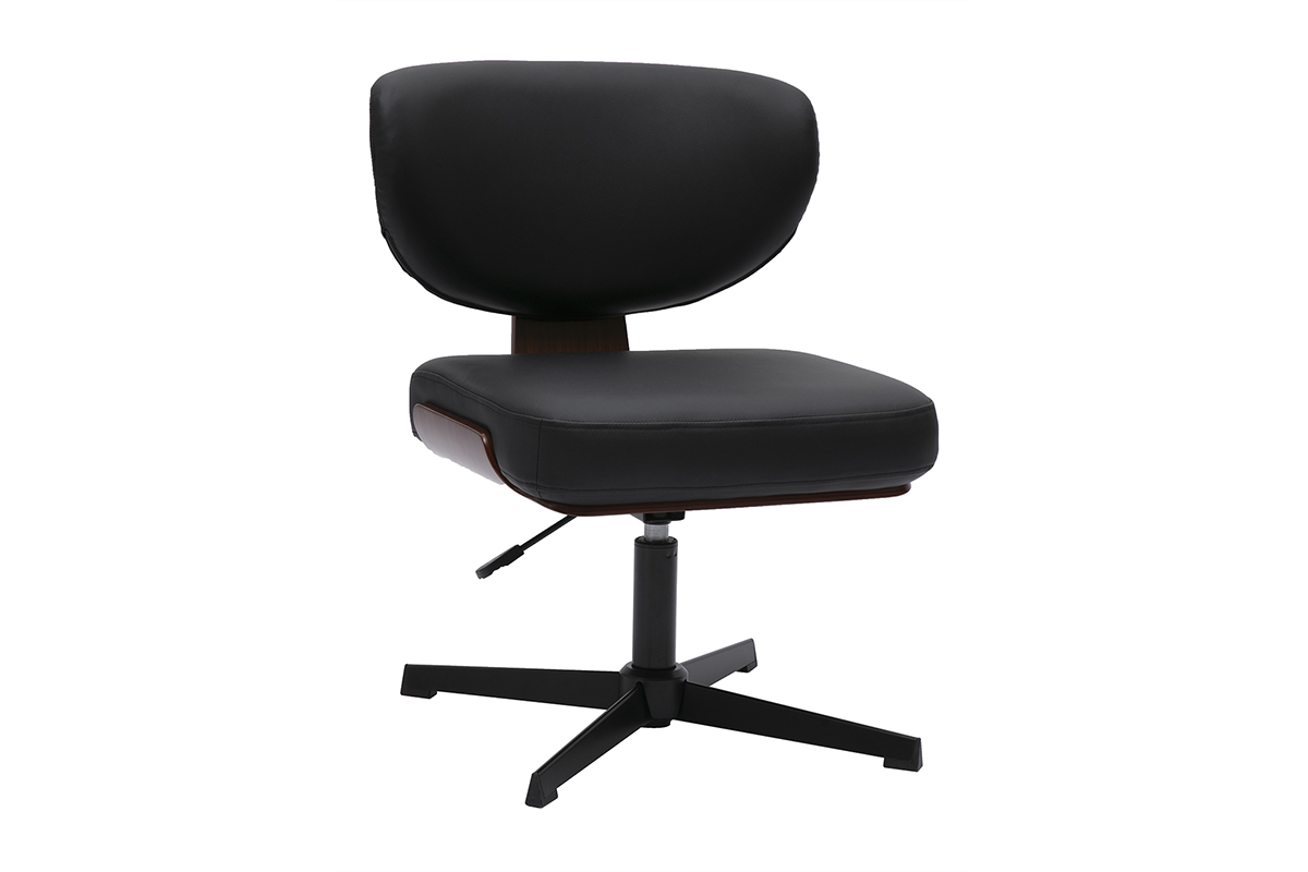 Chaise de bureau noire et bois fonc noyer avec pitement toile, vue de 3/4.