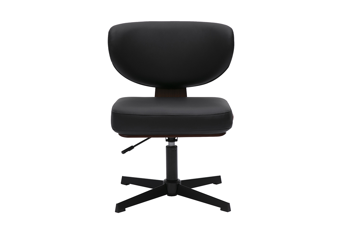 Chaise de bureau HANZ noire, vue de face, bois courb finition noyer, pitement toile en mtal noir.