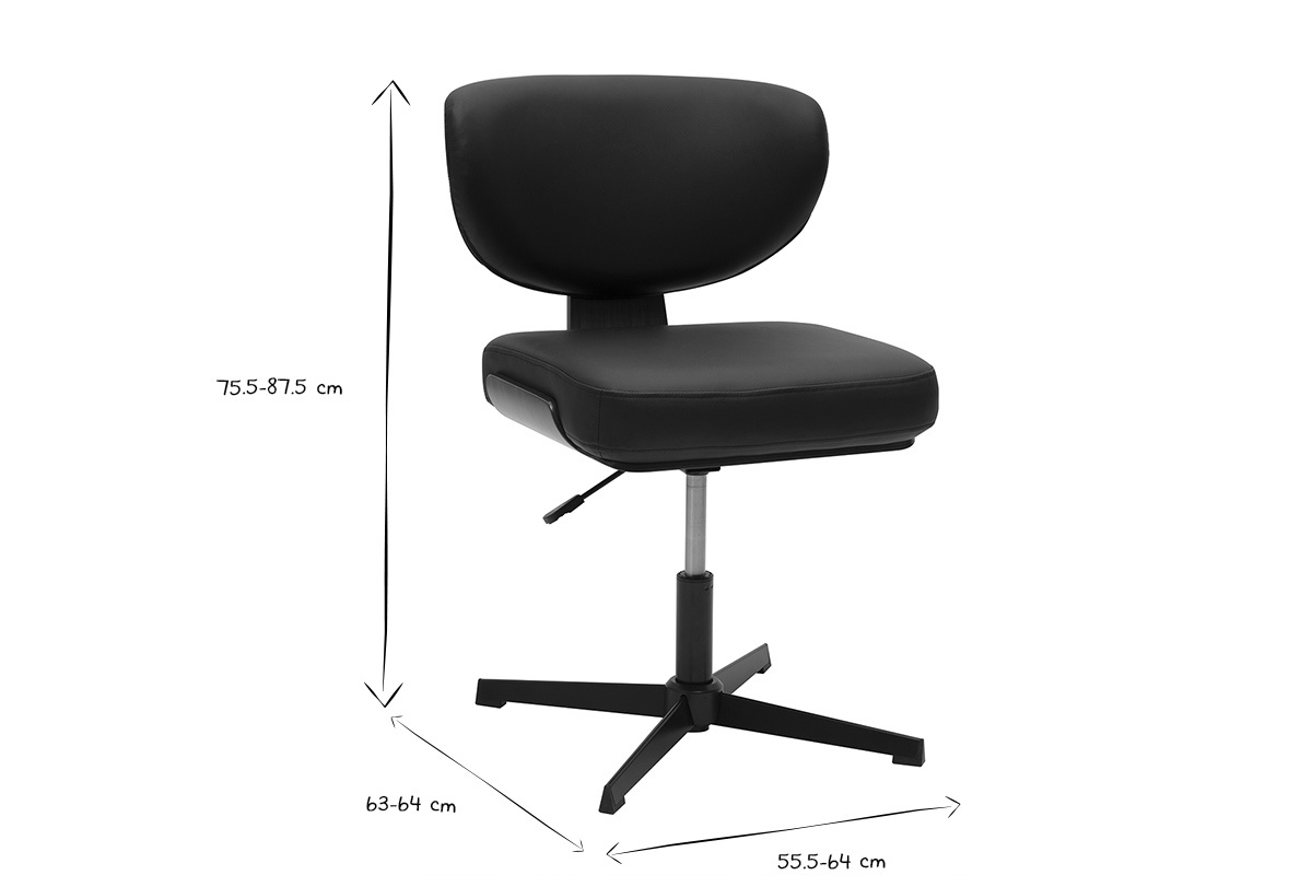 Chaise de bureau noir HANZ, dimensions en noir et blanc indiques : hauteur 75,5-87,5 cm, largeur 55,5-64 cm.