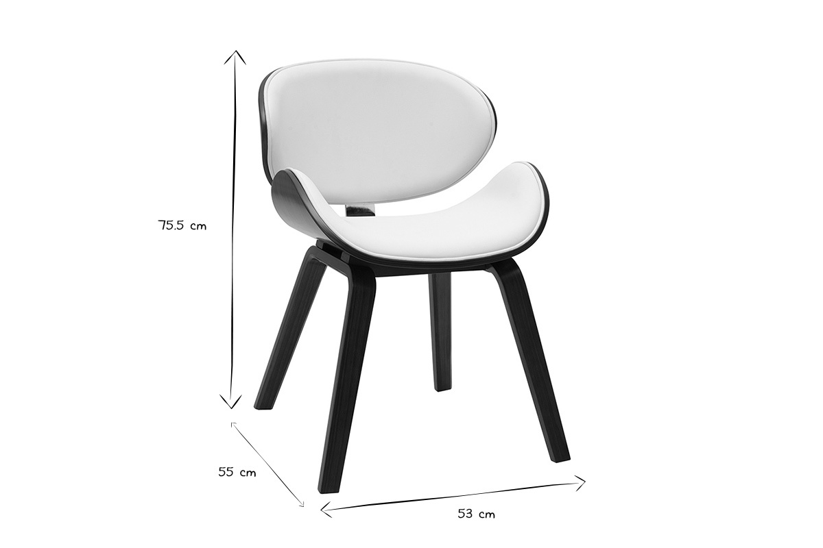 Chaise design blanche et bois fonc noyer WALNUT aux dimensions visibles.