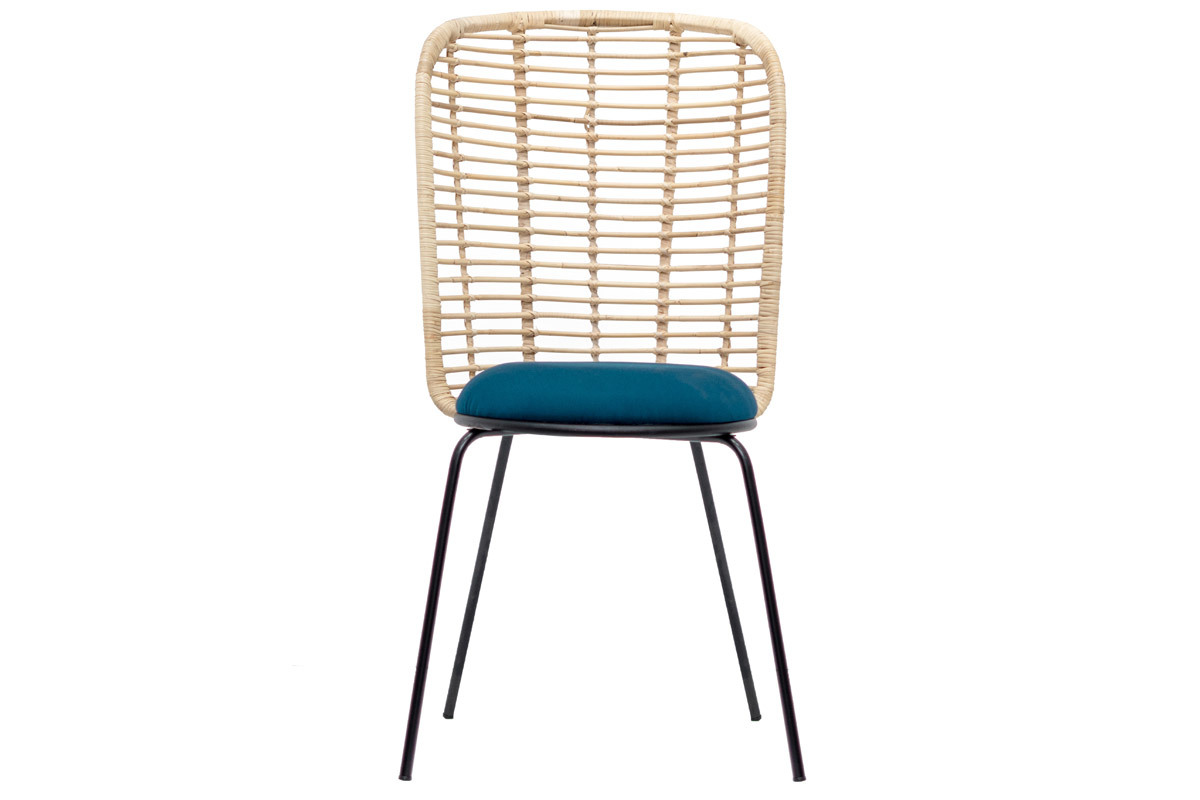 Chaise design en rotin et tissu bleu p�trole NICOLAS