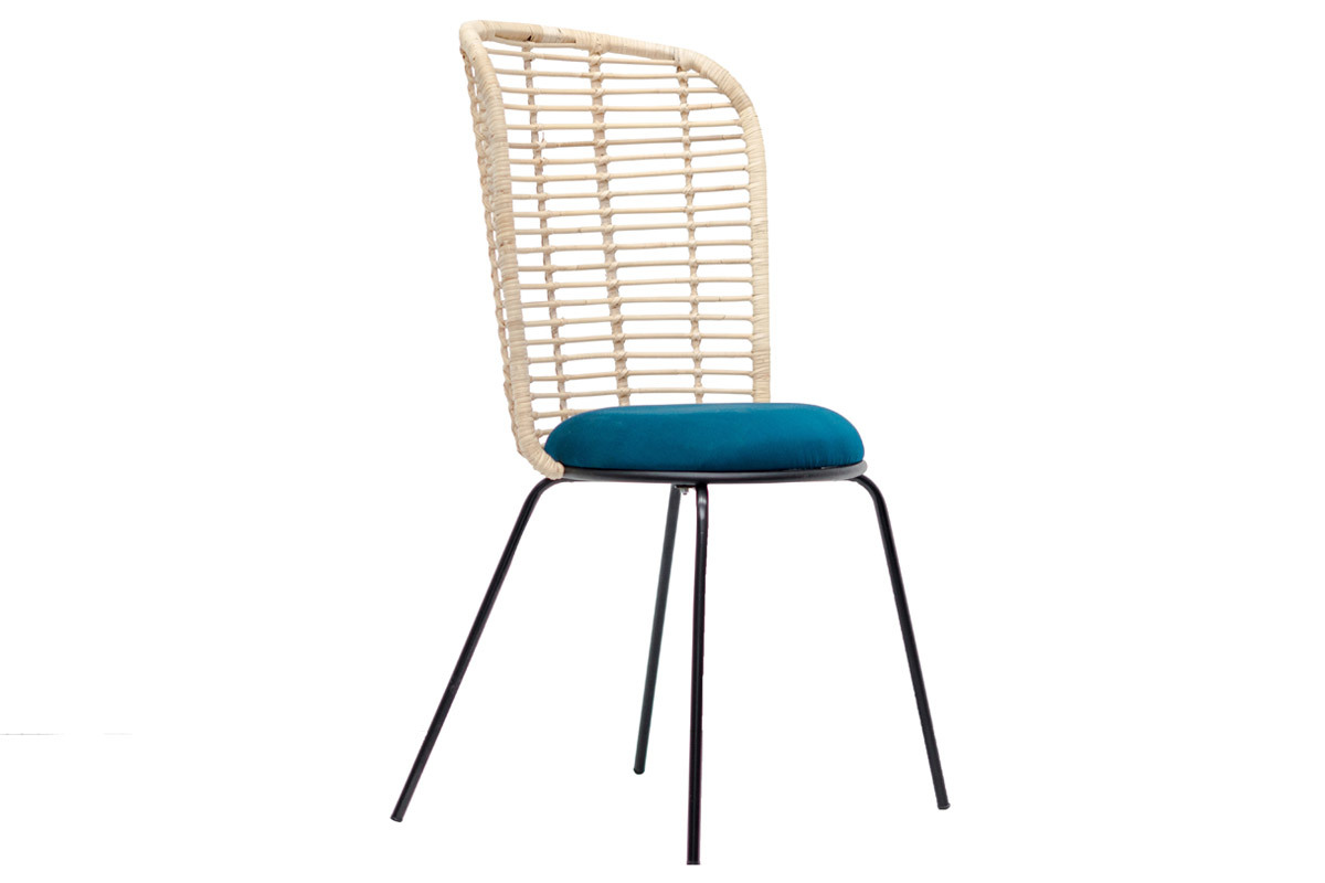 Chaise design en rotin et tissu bleu p�trole NICOLAS