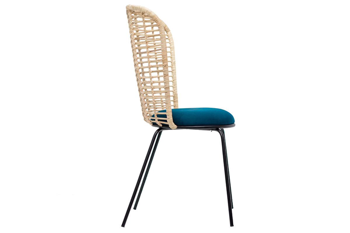 Chaise design en rotin et tissu bleu p�trole NICOLAS