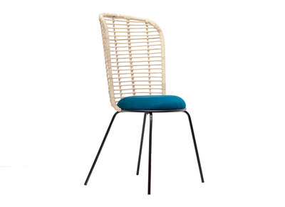 Chaise design en rotin et tissu bleu p&eacute;trole NICOLAS