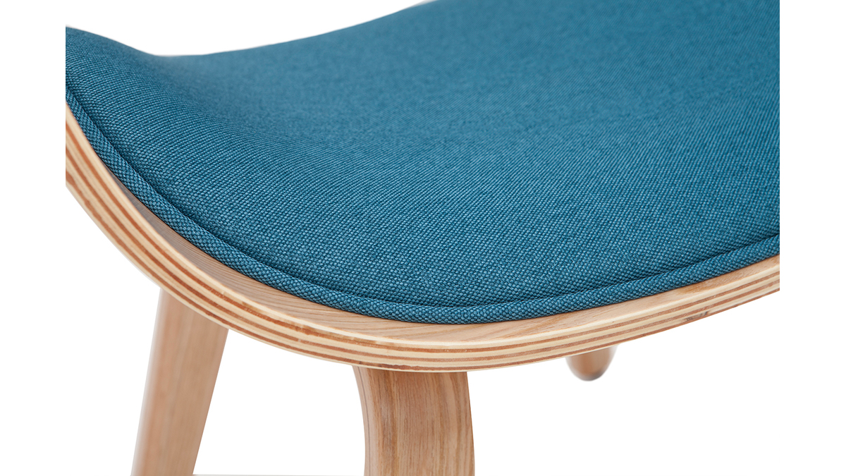 Chaise design en tissu bleu canard et bois clair BENT