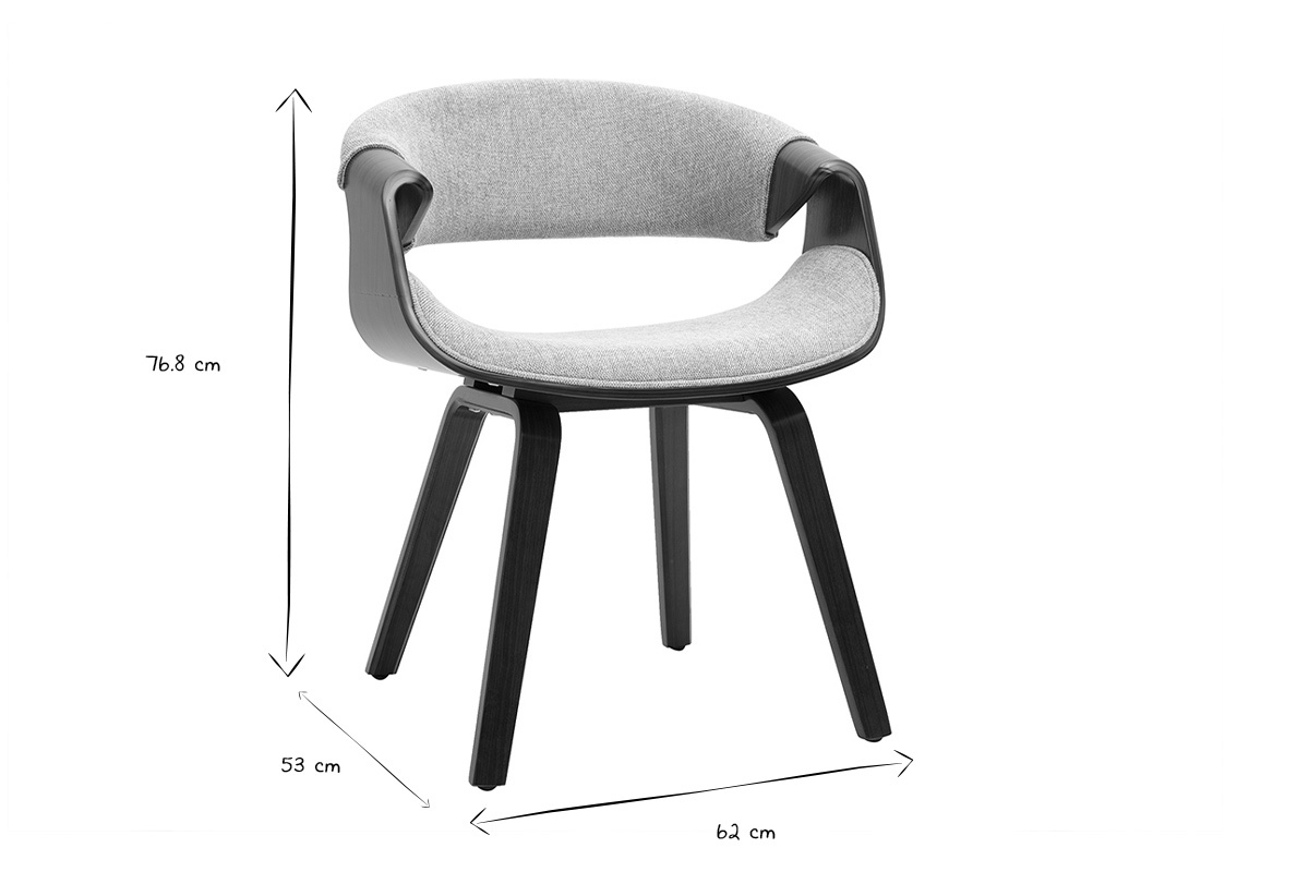 Dimensions de la chaise ARAMIS en noir et blanc : hauteur 76.8 cm, largeur 62 cm, profondeur 53 cm.