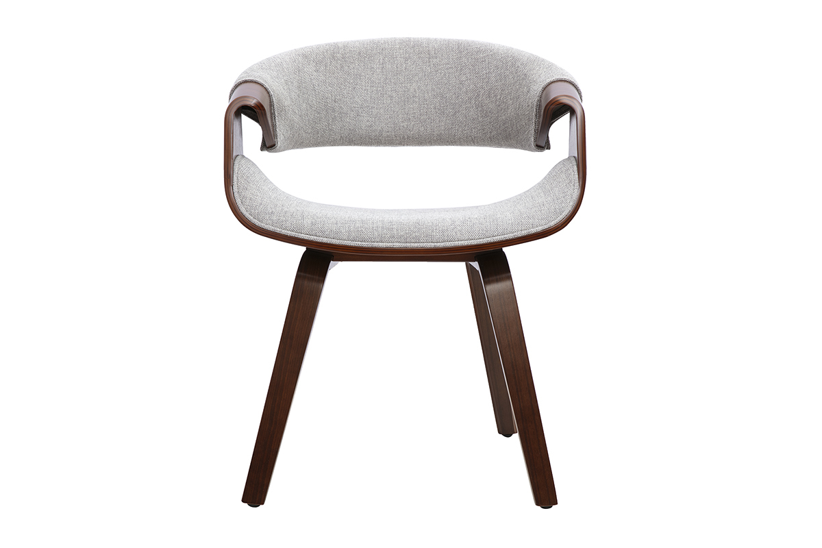 Chaise design ARAMIS en tissu gris avec accoudoirs et pi�tement en bois fonc�, vue de face.