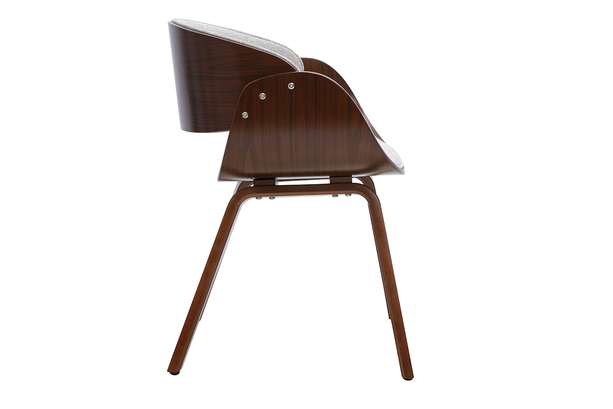 Chaise design en tissu gris avec accoudoirs et pi�tement en bois fonc�, vue de profil.