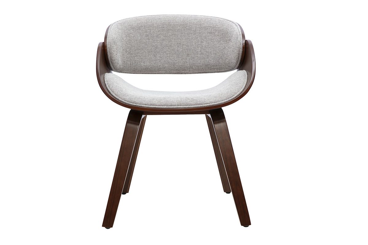 Chaise design en tissu gris avec accoudoirs et pi�tement en bois fonc�, vue de face