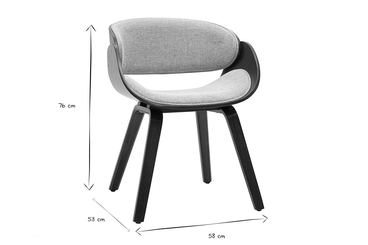 Dimensions de la chaise design BENT : hauteur 76 cm, profondeur 53 cm, largeur 58 cm, en noir et blanc.