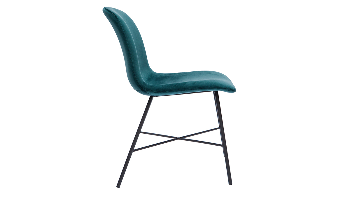 Chaise design en tissu velours gaufré bleu canard et métal noir ARCADE