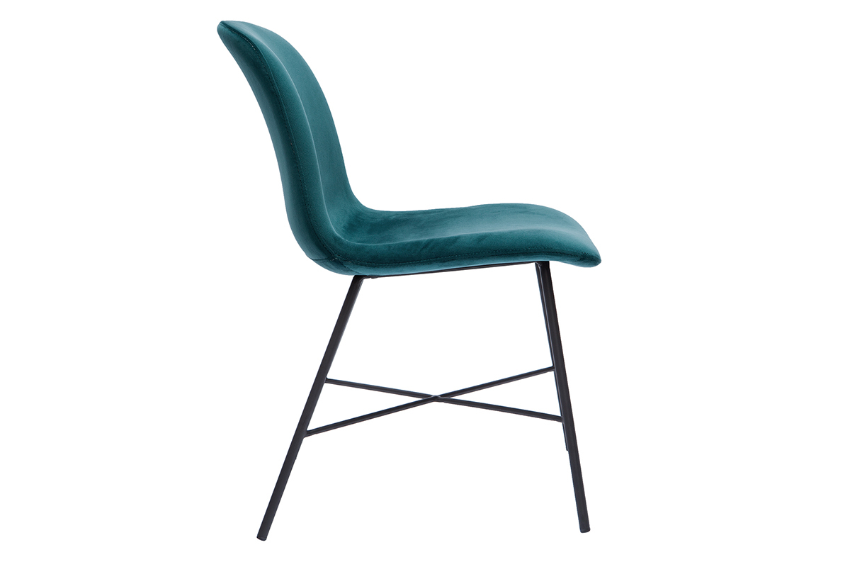 Chaise design en tissu velours gaufr� bleu canard et m�tal noir ARCADE