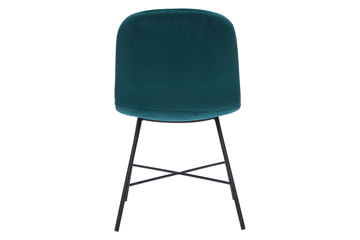 Chaise design en tissu velours gaufr� bleu canard et m�tal noir ARCADE