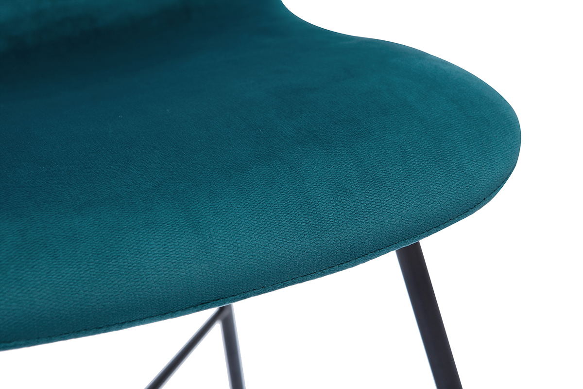 Chaise design en tissu velours gaufr� bleu canard et m�tal noir ARCADE