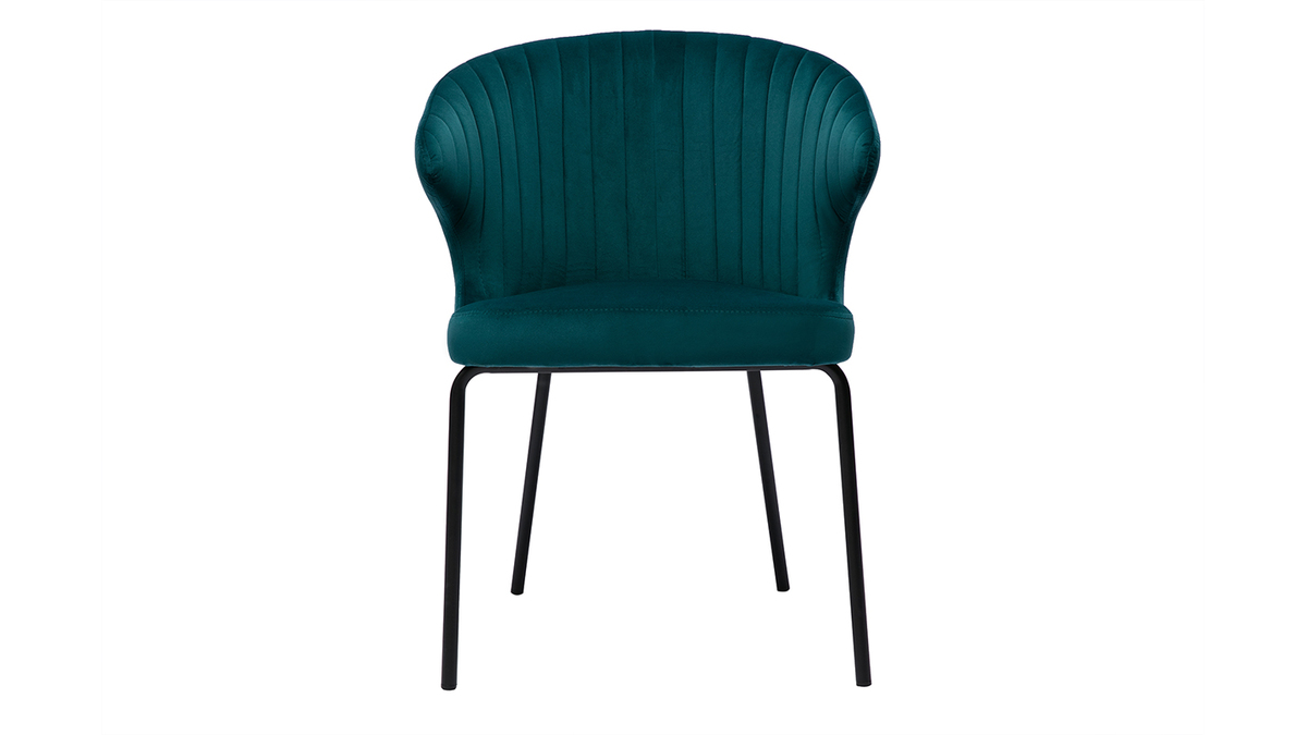 Chaise design en tissu velours gaufré bleu canard et métal noir REQUIEM