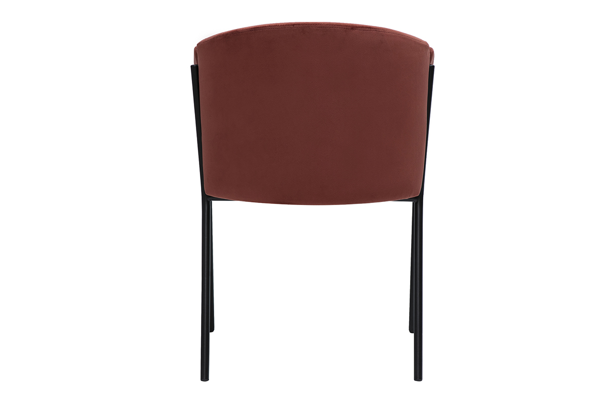 Chaise design en velours rouge tomette avec structure en mtal noir, modle BRIANE. Vue de dos.