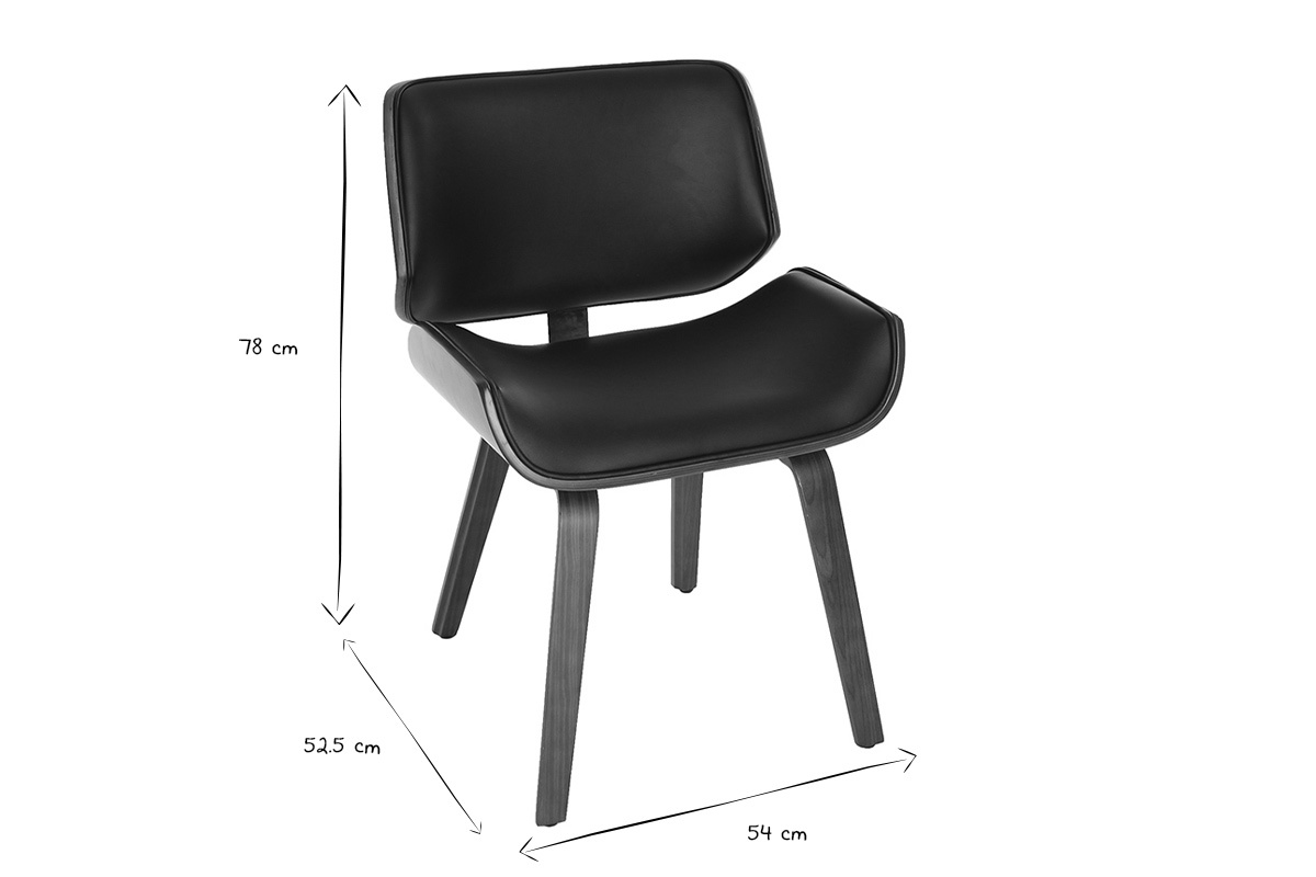 Chaise design noir et bois fonc RUBBENS avec dimensions en noir et blanc: hauteur 78 cm, largeur 54 cm.