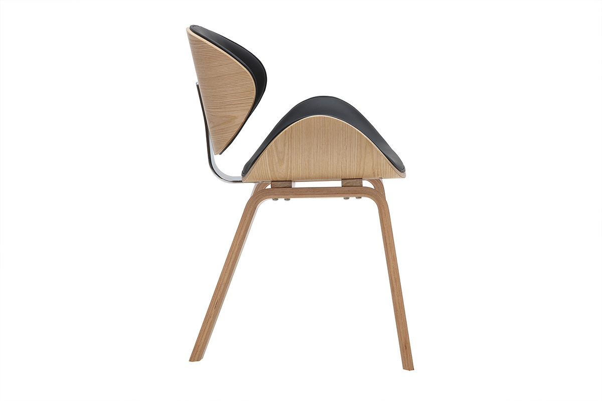Chaise design noire et bois clair WALNUT avec lignes fluides et structure en bois clair.