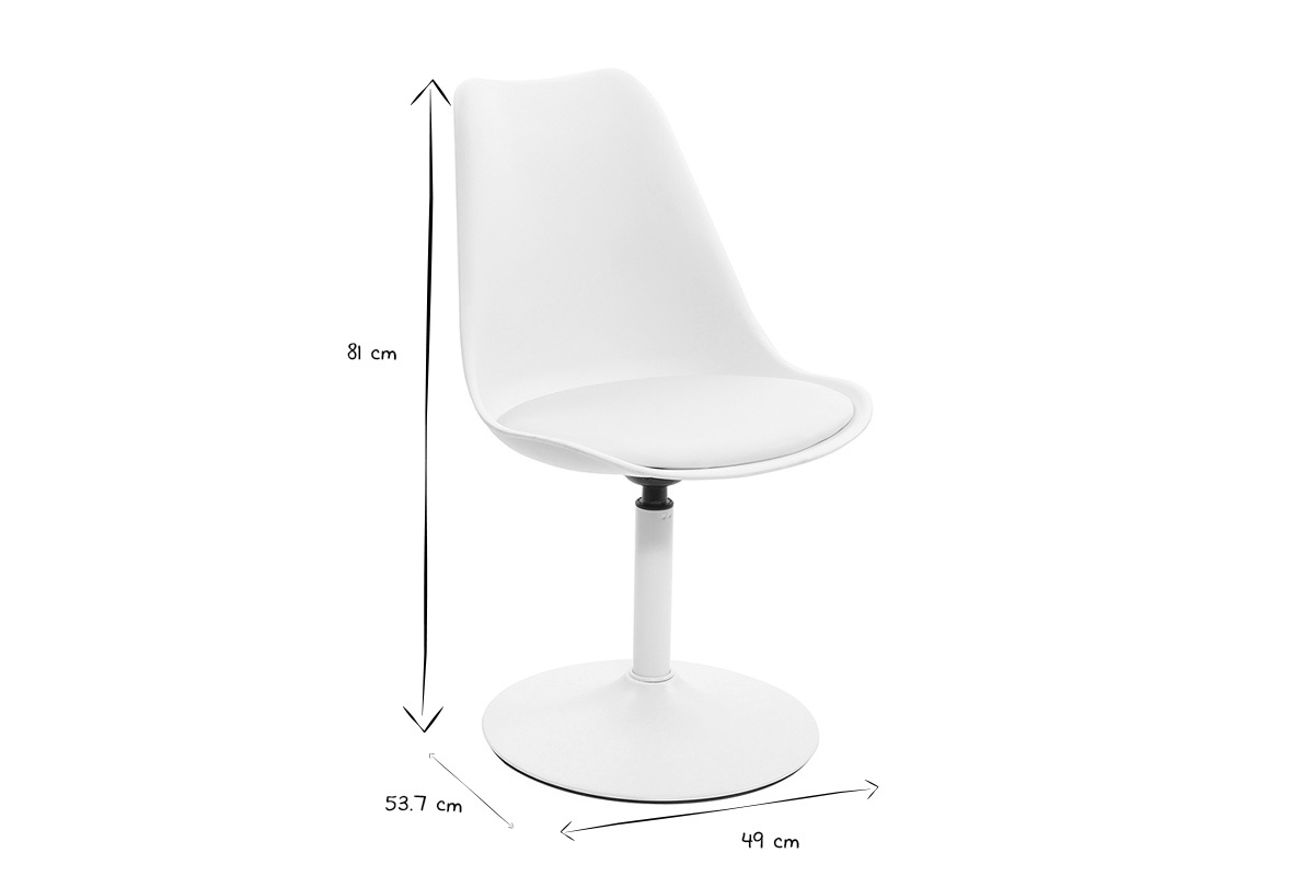 Chaise pivotante blanc mat avec dimensions 81x53,7x49 cm en noir et blanc.