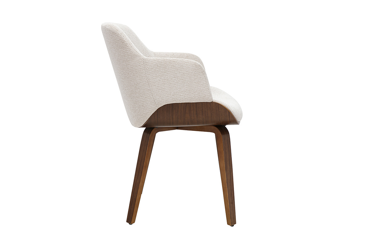 Chaise EARL en tissu chenille beige et bois fonc� vue de profil.