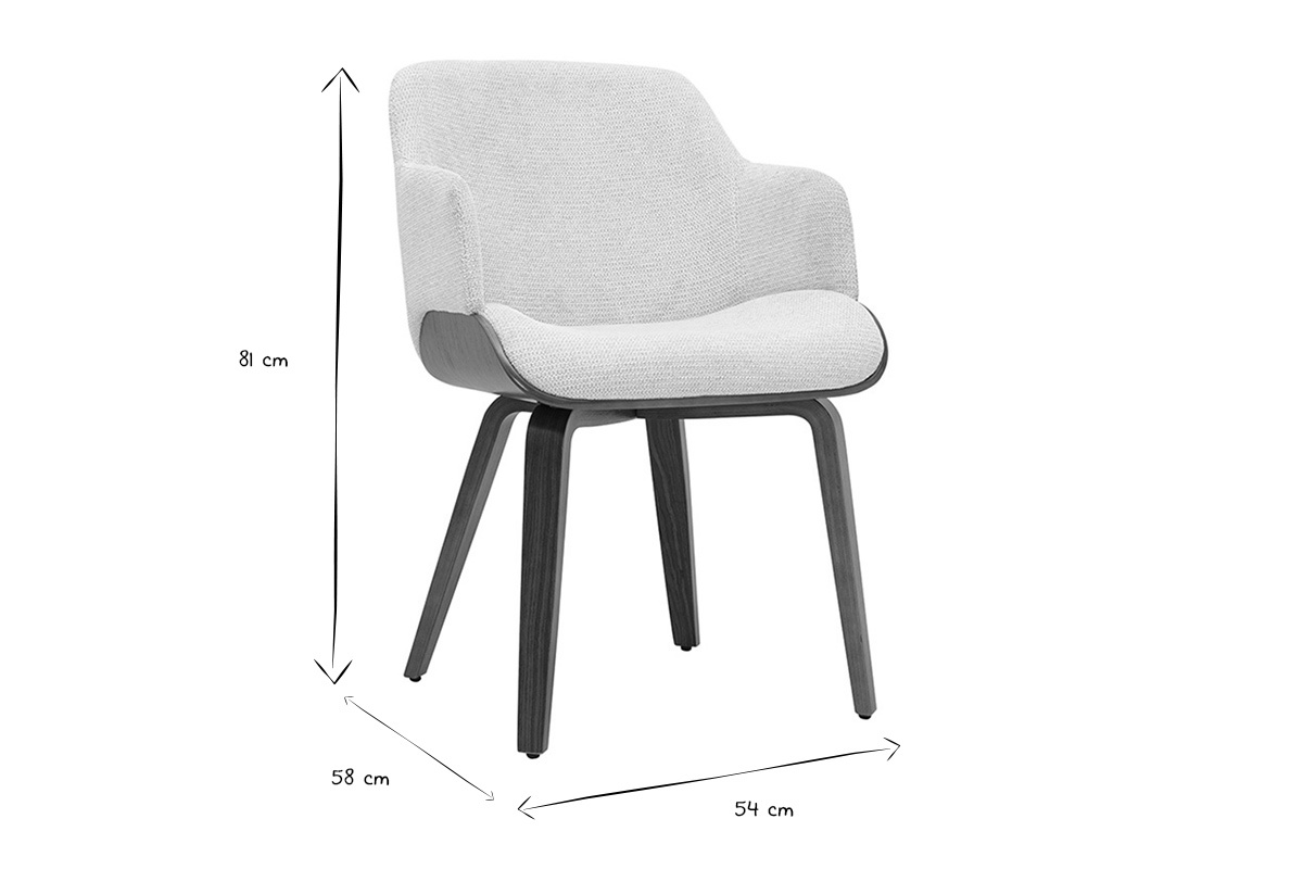 Chaise en tissu chenille beige et bois fonc� EARL, dimensions 81x58x54 cm, vue de trois-quarts, noir et blanc.