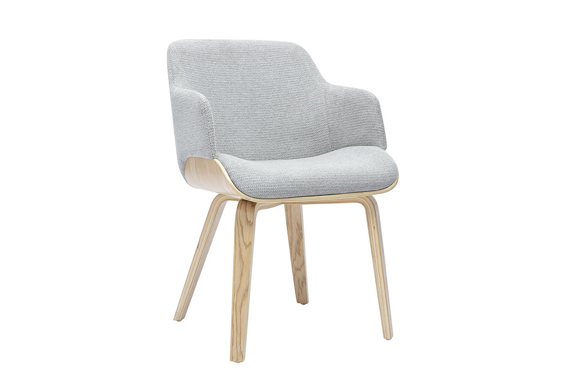 Chaise EARL en tissu chenille gris et bois clair, vue de 3/4.