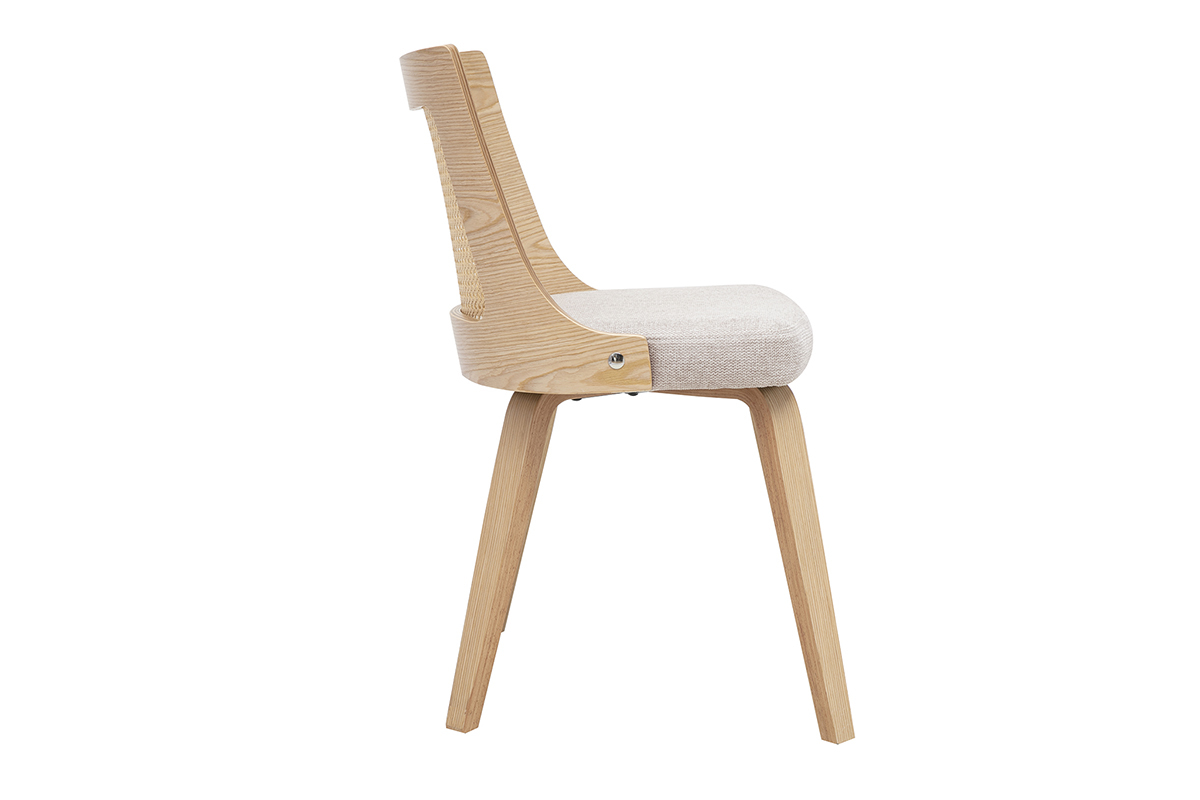 Chaise GARBO vue de profil, en tissu effet velours beige avec bois clair et cannage rotin.