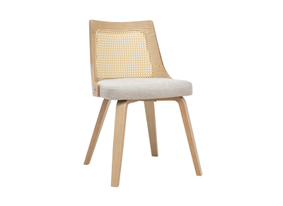 Chaise en tissu effet velours textur&eacute; beige, bois clair et cannage rotin GARBO