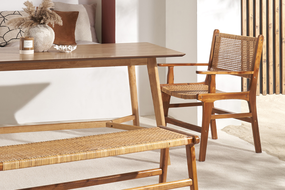 Chaise ethnique en bois teck massif et cannage rotin GAWA