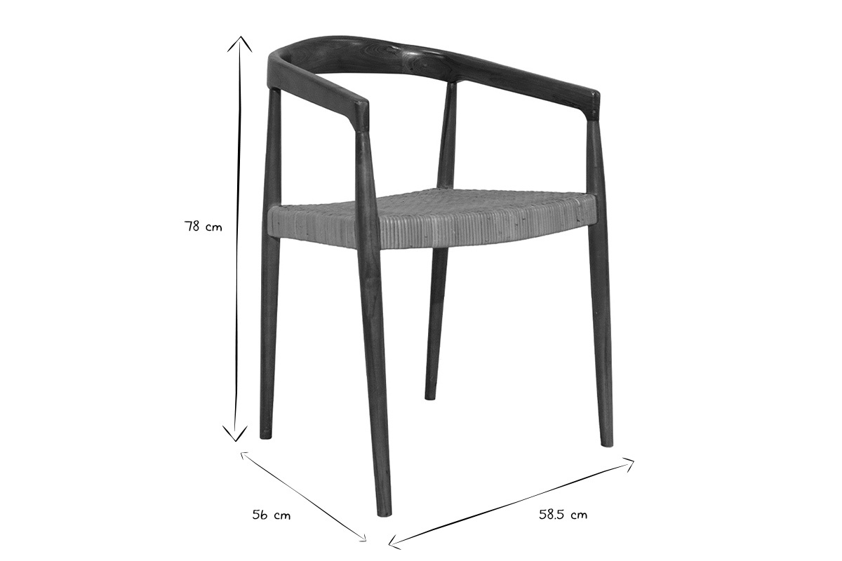 Chaise en teck et rotin avec dimensions 78x56x58,5 cm, vue de trois quarts, noir et blanc.