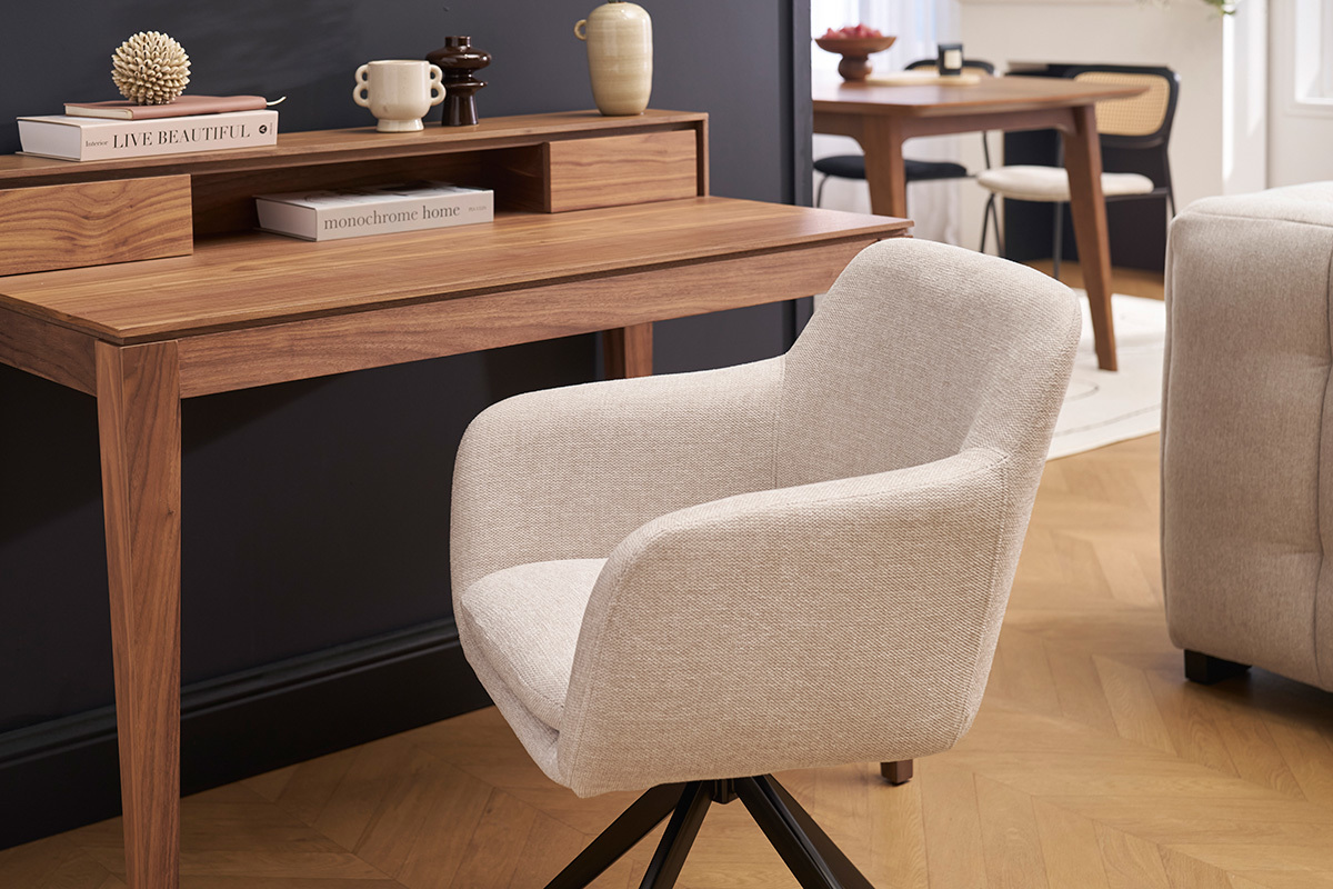 Chaise pivotante 360 en tissu effet velours textur beige et mtal noir AMIKA