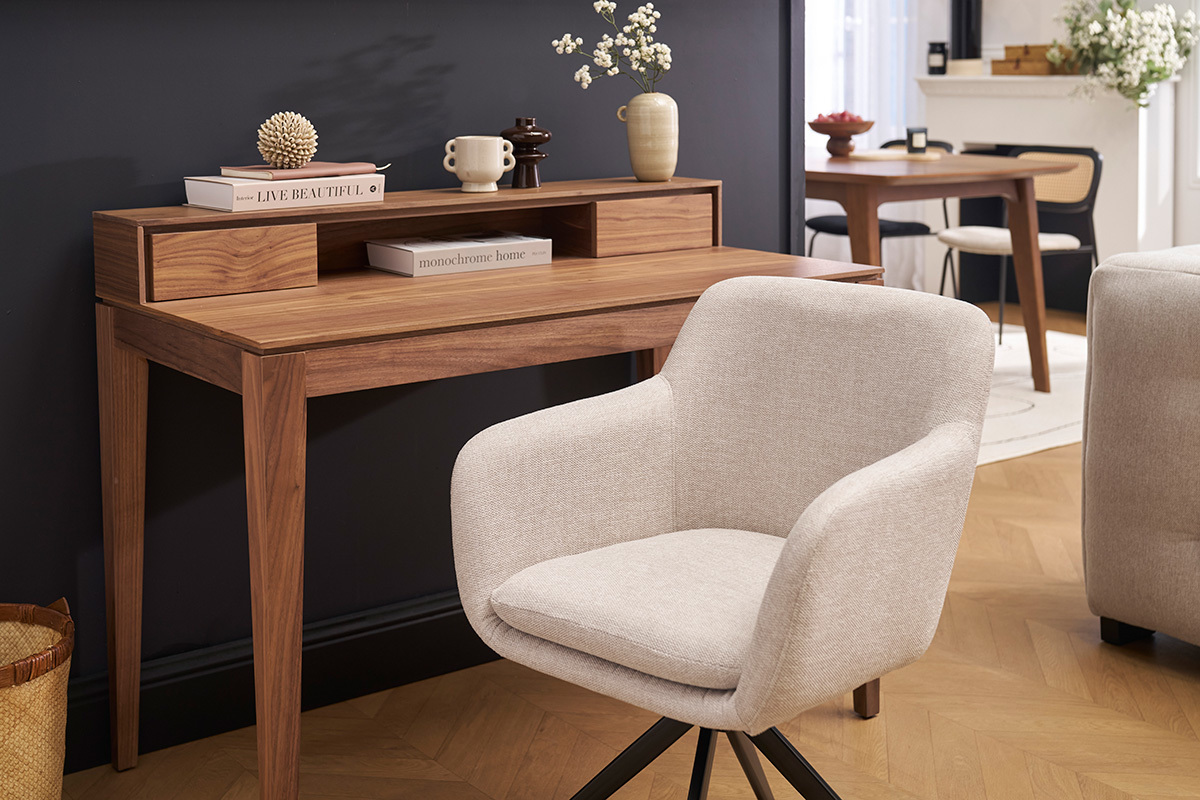 Chaise pivotante 360 en tissu effet velours textur beige et mtal noir AMIKA