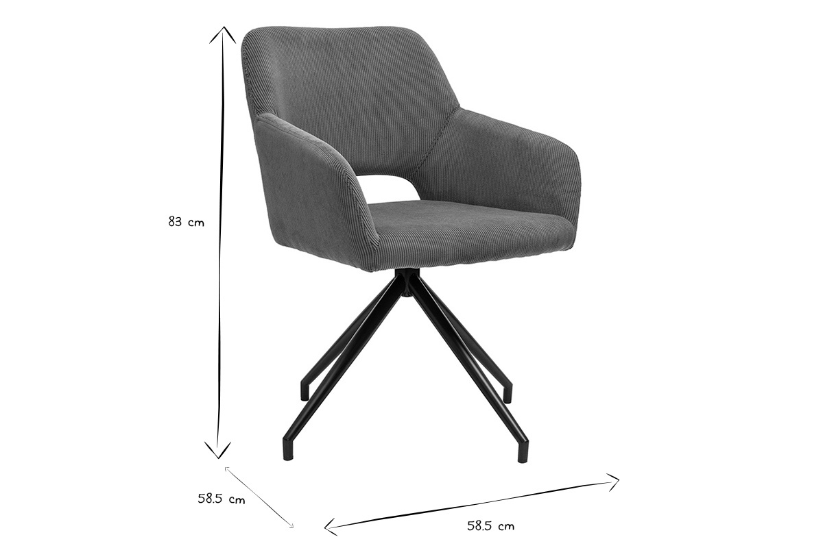 Chaise pivotante en velours ctel avec dimensions, vue de 3/4, en noir et blanc.